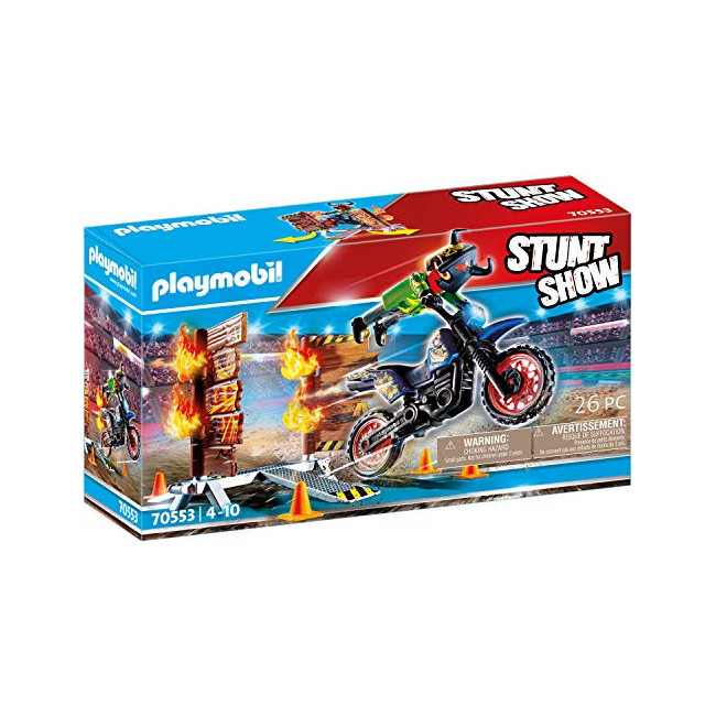Playmobil - Stuntshow - Moto-Cross avec 1 Personnage Cascadeur et 1 Mur de Feu - Accessoires Inclus