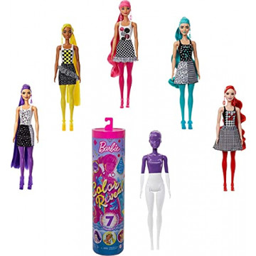 Barbie Color Reveal - Poupée avec 7 éléments Mystère - Série Monochrome - 4 Sachets Surprise - Modèle aléatoire