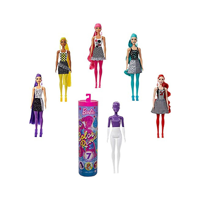 Barbie Color Reveal Poupée avec 7 éléments Mystère, Série Monochrome, 4 Sachets Surprise, Modèle Aléatoire, Jouet pour...