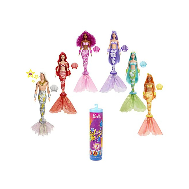 Barbie Color Reveal Poupée avec 7 éléments Mystère, Série Sirène arc-en-ciel, 4 sachets surprise, modèle aléatoire,