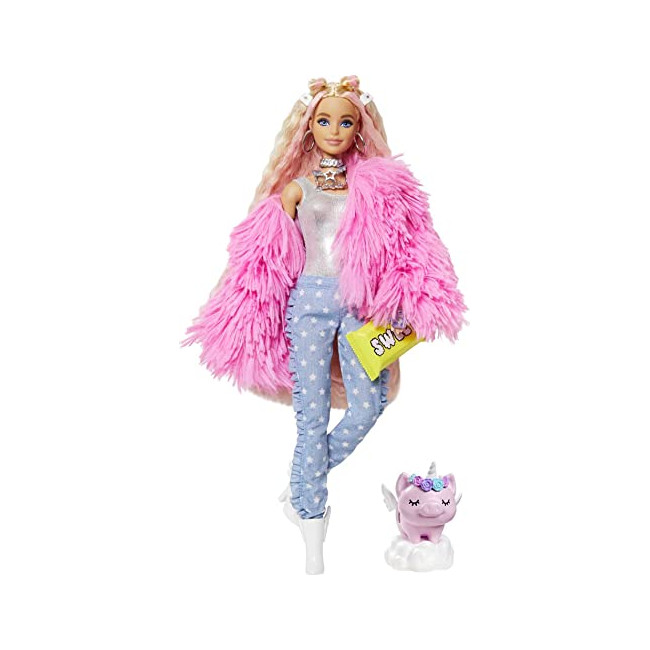 Barbie Extra poupée articulée blonde au look tendance et oversize, avec figurine animale et accessoires, jouet pour