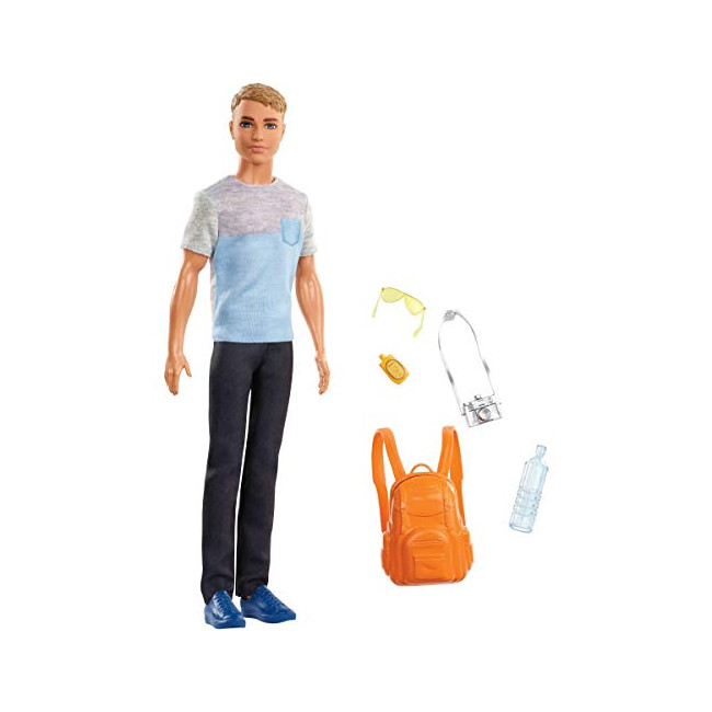 Barbie Voyage poupée Ken aux cheveux châtains avec 5 accessoires dont un appareil photo et un sac à dos, jouet pour