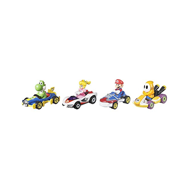 Hot Wheels Mario Kart coffret 4 mini-véhicules Yoshi, Peach, Mario et Maskass échelle 1:64, inspiré par les voitures du