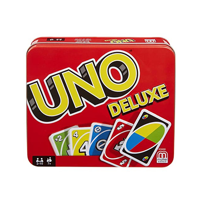 Mattel Games UNO Deluxe, Jeu de 108 Cartes avec boîte Solide en métal colorée, 2 à 10 Joueurs -Individuellement ou par