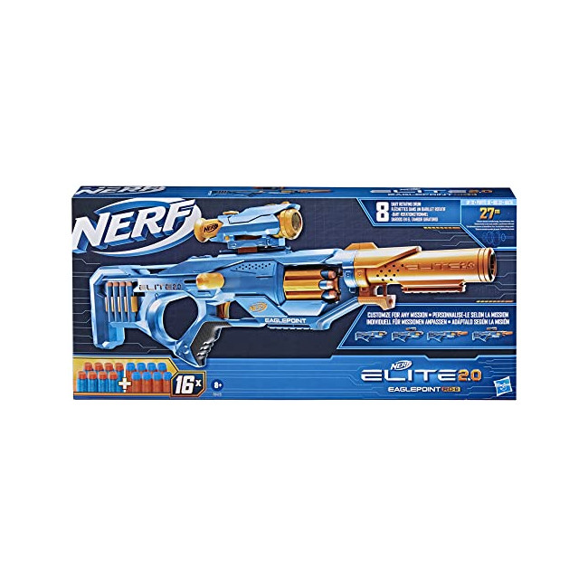 Nerf Elite 2.0, blaster à fléchettes Eaglepoint RD-8, barillet 8  fléchettes, viseur et canon Nerf, 16 fléchettes Elite, jouets d'extérieur À  partir de 8 ans 