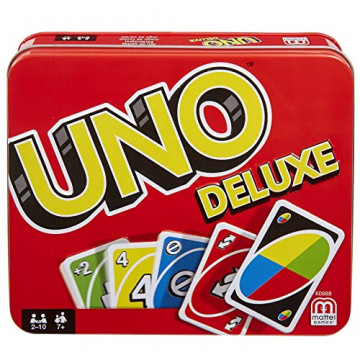 Mattel Games UNO Deluxe, Jeu de 108 Cartes avec boîte Solide en métal colorée, 2 à 10 Joueurs -Individuellement ou par