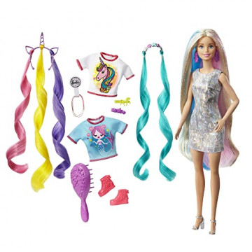 Barbie Cheveux Fantastiques poupée blonde aux longs cheveux brillants avec 2 serre-têtes fantaisie et accessoires, jouet