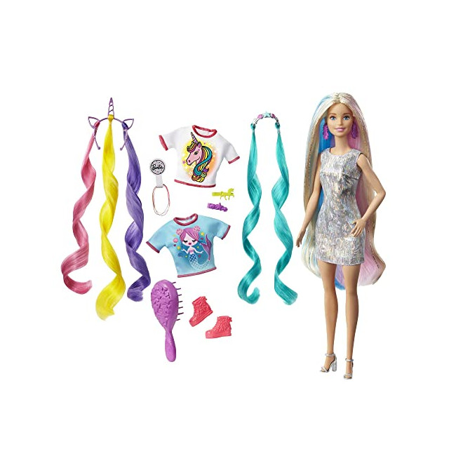 Barbie Cheveux Fantastiques poupée blonde aux longs cheveux brillants avec 2 serre-têtes fantaisie et accessoires, jouet