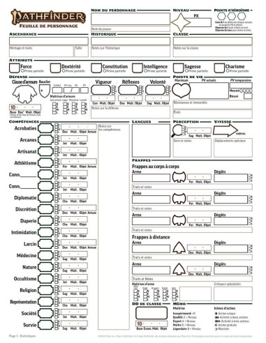 PF 2 - Bloc de fiches de personnages vierges