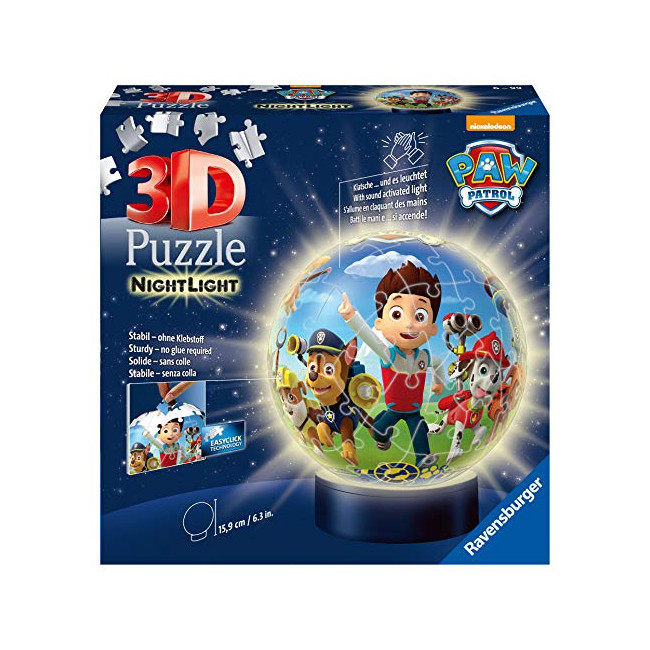 Ravensburger - Puzzle 3D Ball illuminé - Pat'Patrouille - A partir de 6 ans - 72 pièces numérotées à assembler sans