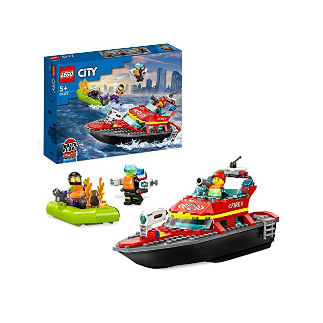 LEGO 60373 City Le Bateau de Sauvetage des Pompiers, Set Flottant, avec Jetpack et 3 Minifigurines, Jouet pour Garçons