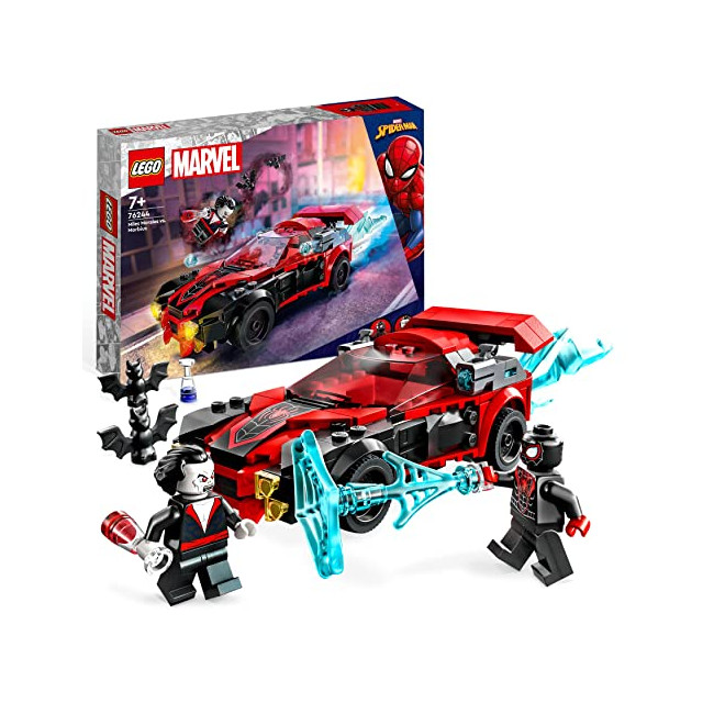 LEGO 76244 Marvel Miles Morales vs. Morbius, Jouet de Construction Spider-Man, avec Voiture de Course, Spidey et Ses