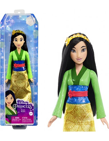 Princesses Disney Poupée Mulan articulée avec tenue scintillante et accessoires dont chaussures et diadème, Jouet