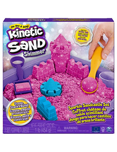 Kinetic Sand Shimmer, Coffret Château de Sable Scintillant avec 453 g de Scintillant Rose, 3 moules et 2 Outils, Sable
