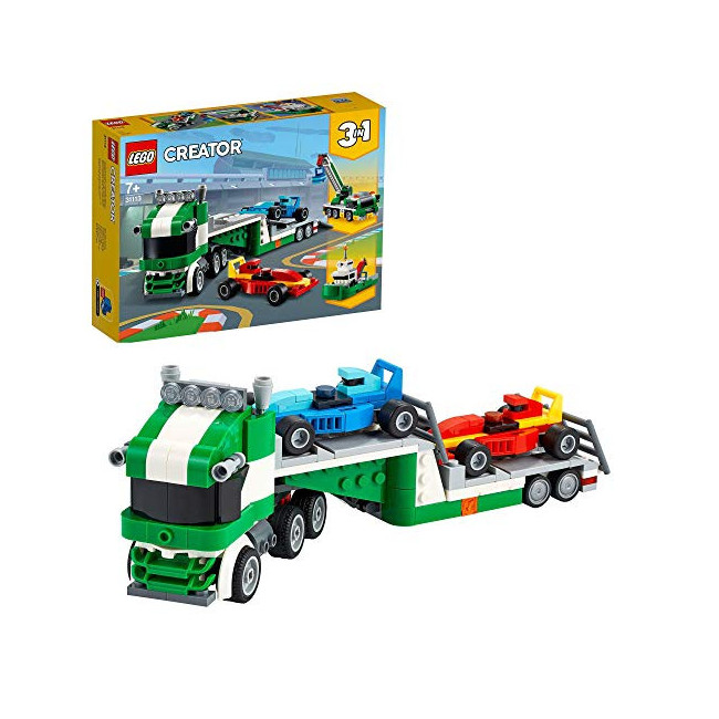LEGO 31113 Creator Le Transporteur de Voitures de Course, Camion Jouet avec remorque, Grue et Jeu de Construction de remorqueurs