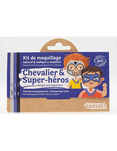 Namaki- Maquillage enfants Kit 3 Couleurs Chevalier & Super-héros Bio & Vegan - Argent, Bleu, Noir